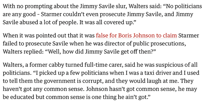 With no prompting about the Jimmy Savile slur, Walters said No politicians