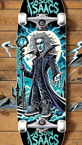 DALL·E 2025-07-14 22.36.43 - A custom pro model skateboard graphic for actor Jason Isaacs, designed in a bold comic-book-meets-graffiti style. The artwork shows a stylized cartoon